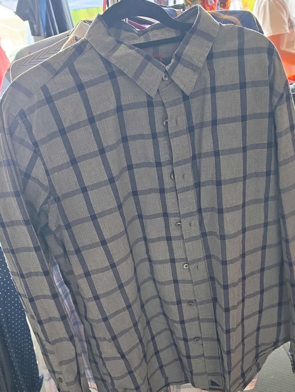 UNTUCKit Gray Shirt with Navy Windowpane Plaid
